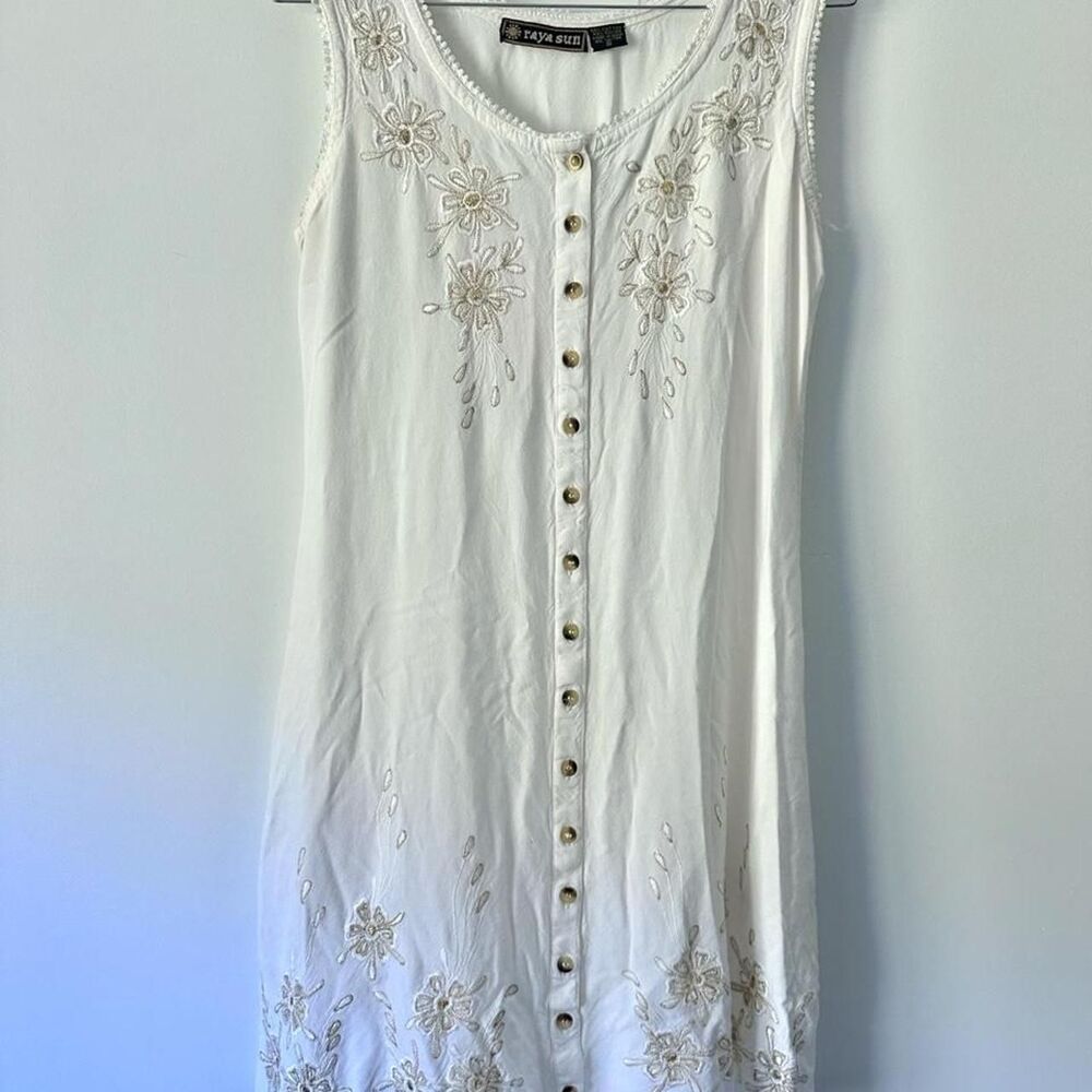 Raya Sun Women's white cotton & rayon mini dress gold floral embroidery small